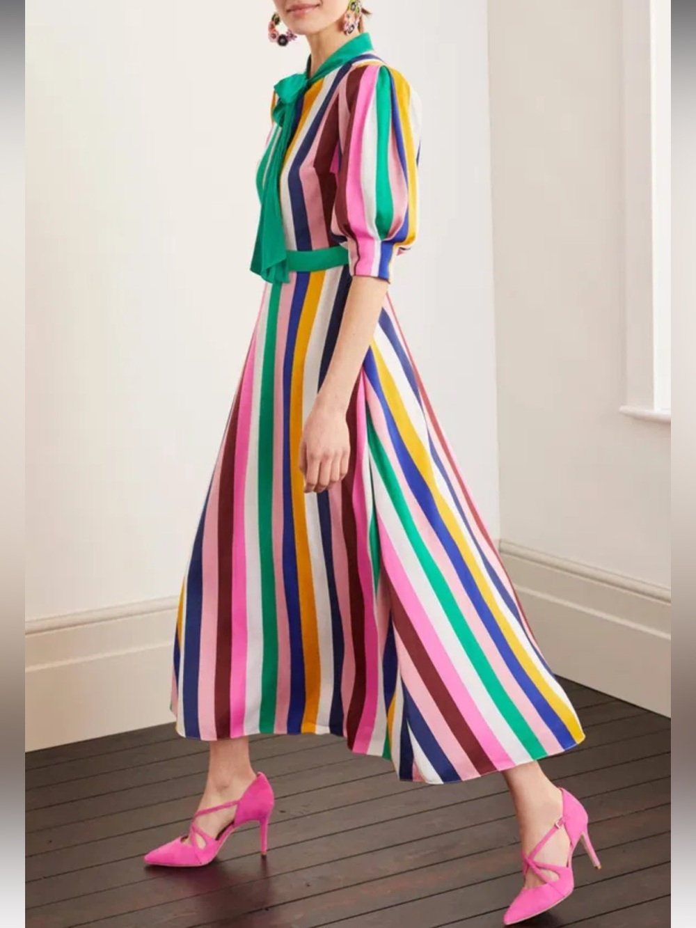 Boden Mila Multicolor Rainbow Stripe Midi Dress sz US 6R - Picture 2 of 12
